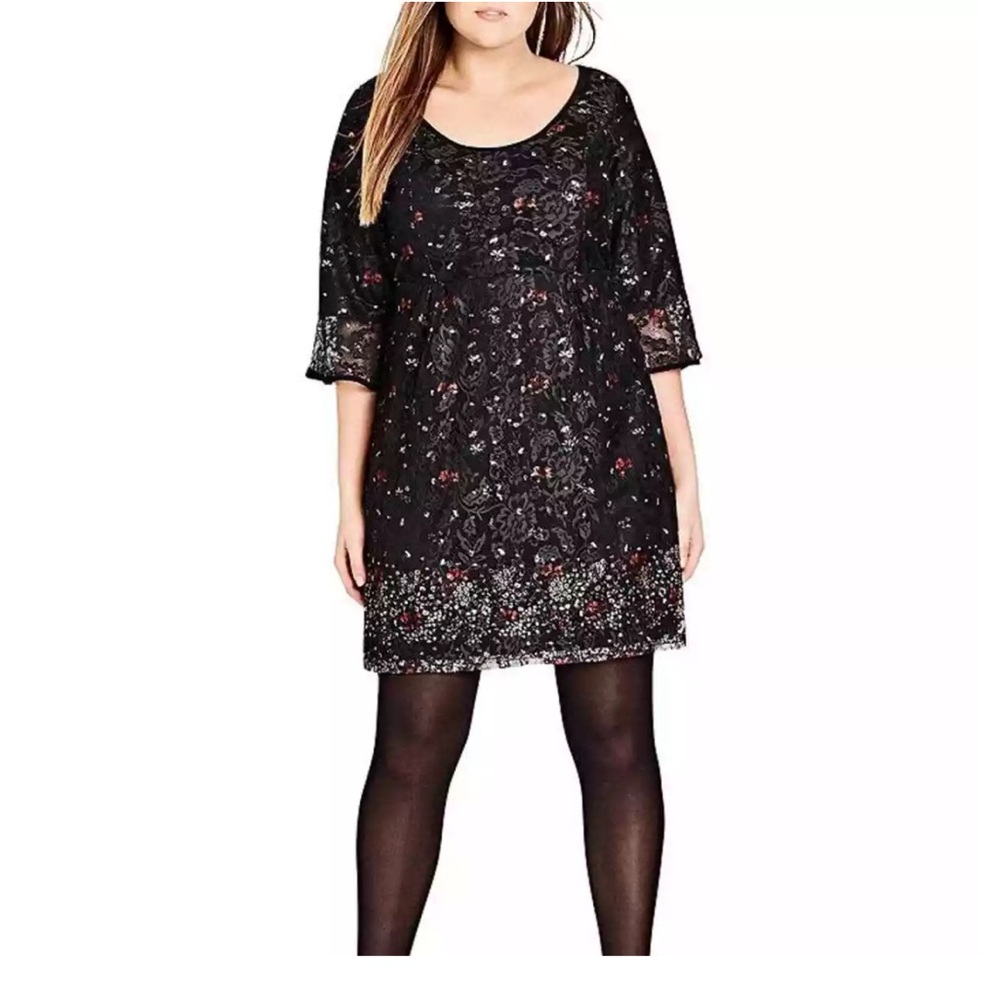 NWT City Chic black sheath dress with multicolor pattern underlay